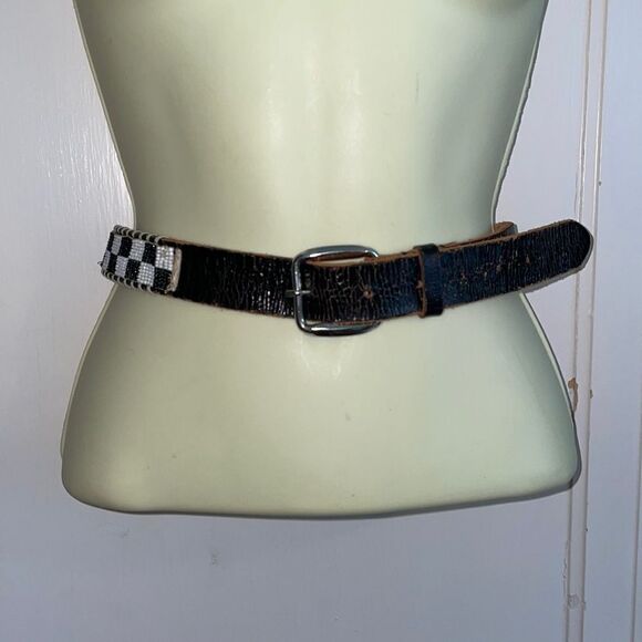 Vintage 80s Esprit black leather beaded black & white check belt - Picture 1 of 9